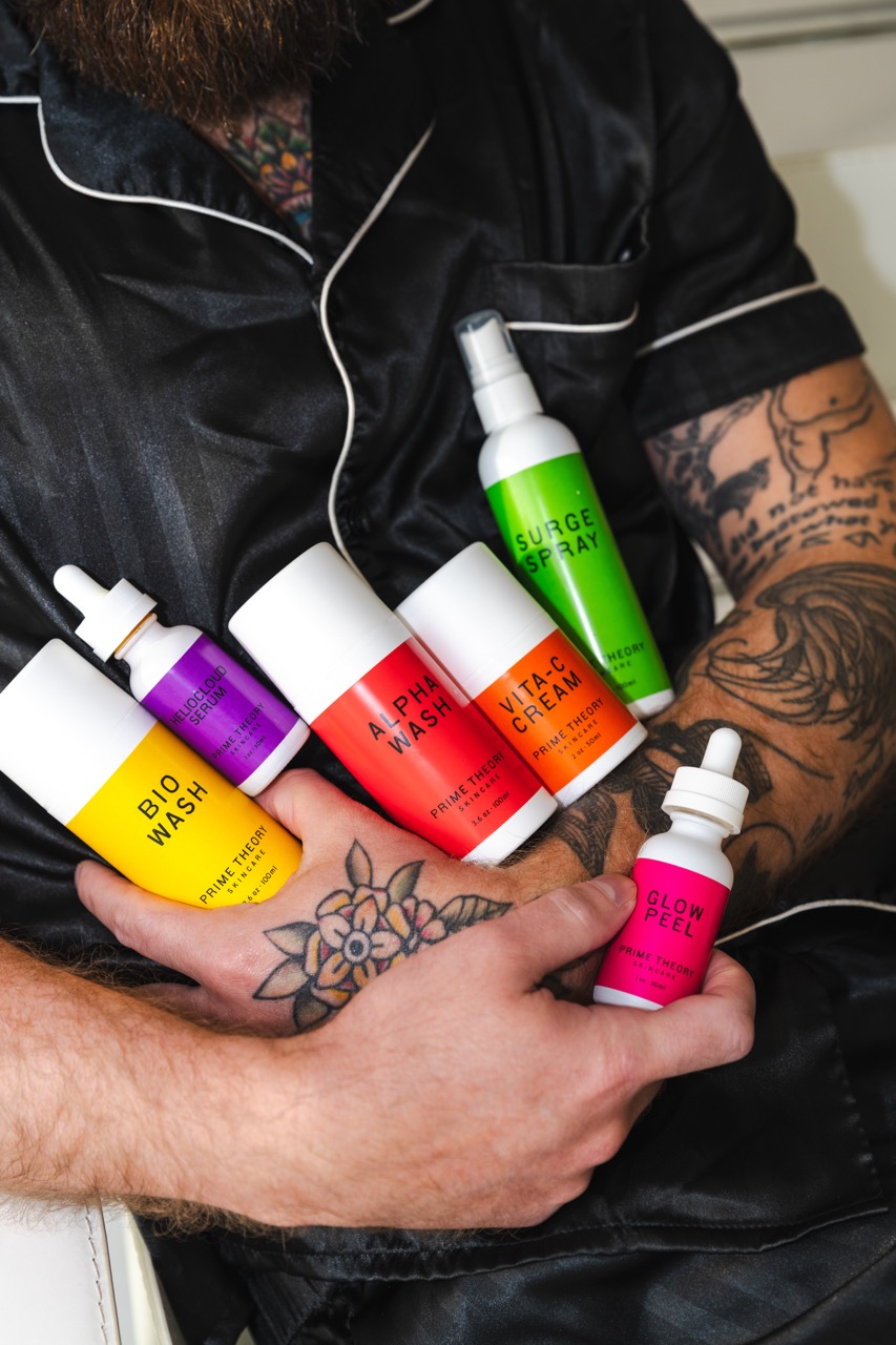 Prime Theory colorful skincare package design in arms