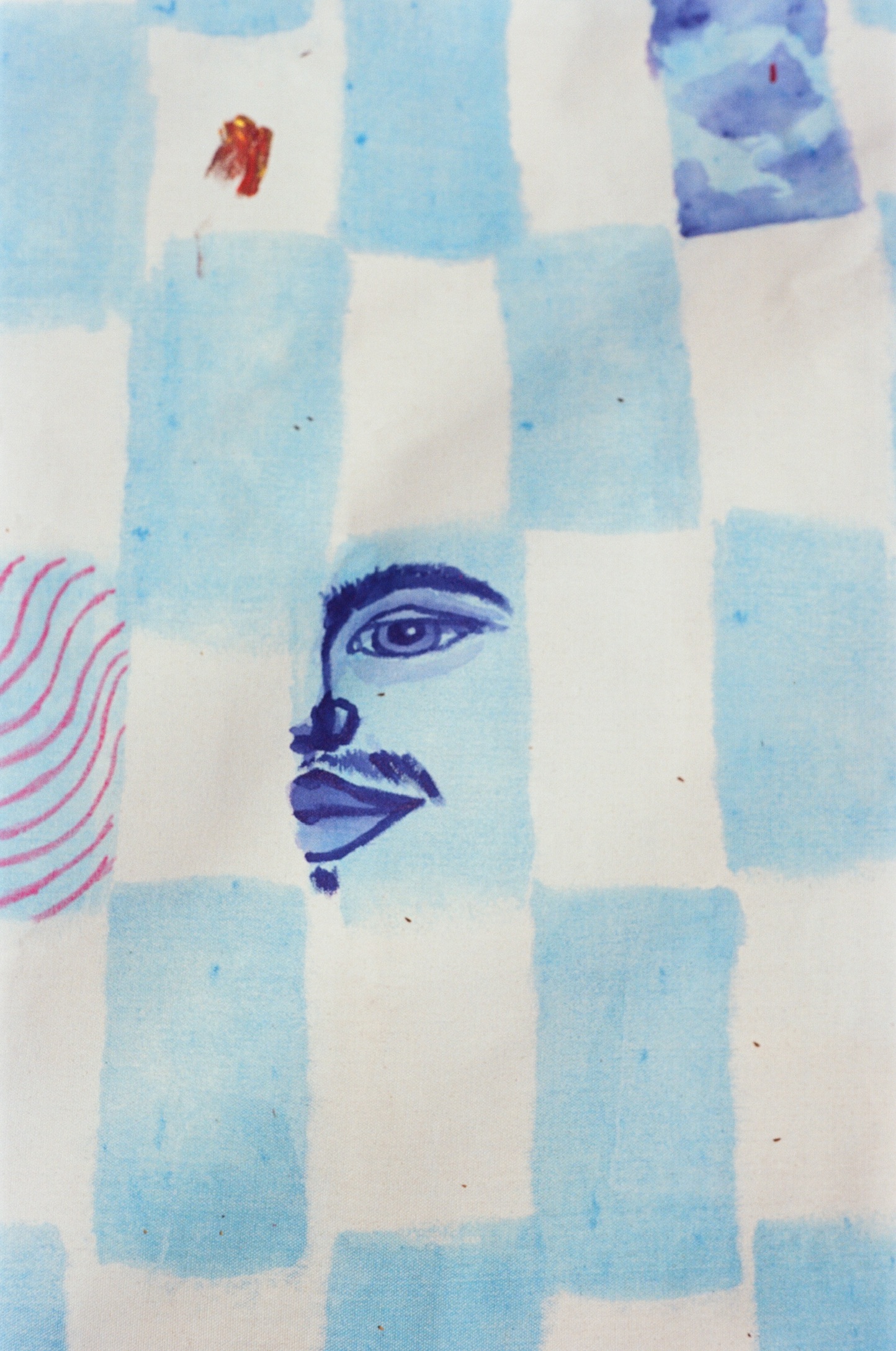 A painted face detail on a blue Surface/Self canvas.