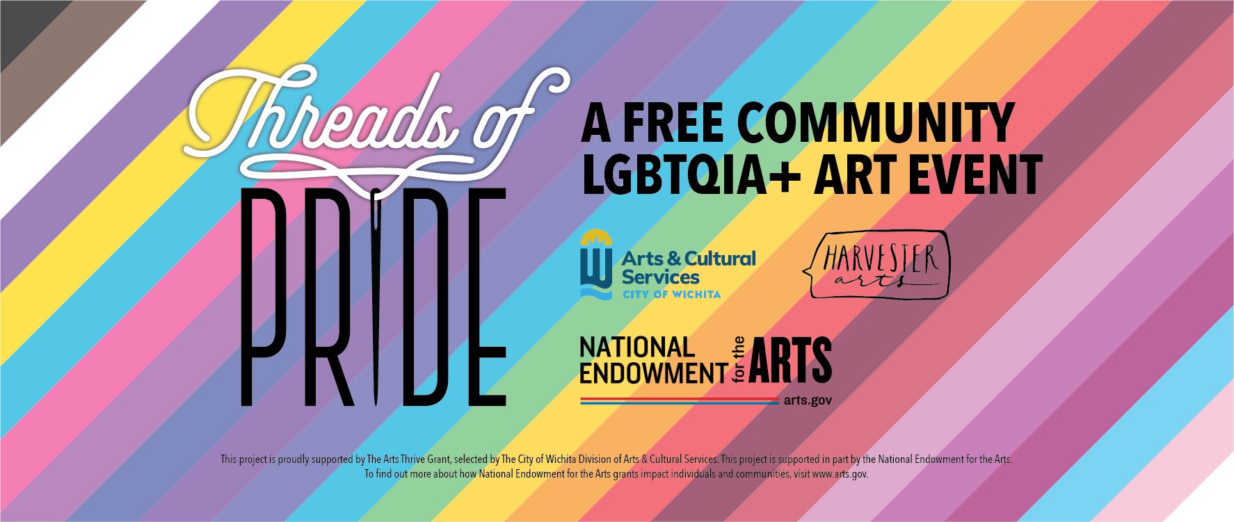 Threads of Pride free community LGBTQIA+ art event banner.