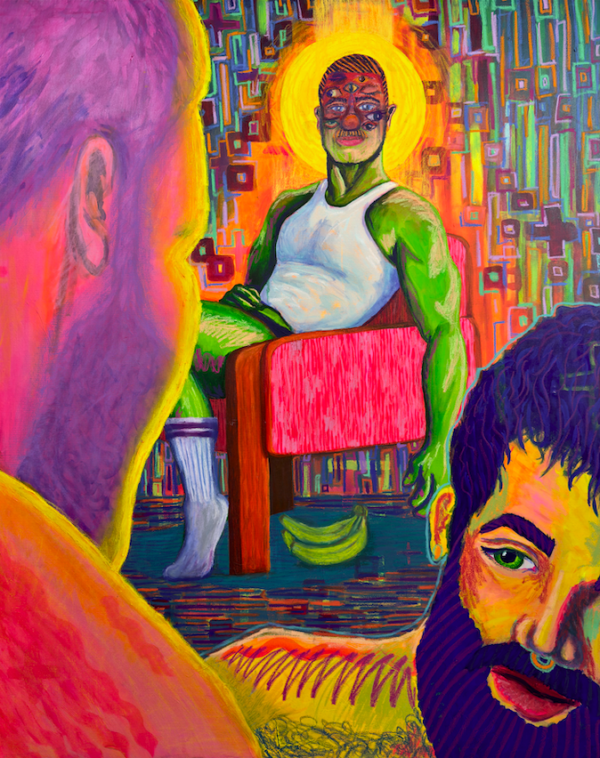 Colorful contemporary figurative painting featuring three male figures in a surreal interior. A seated green figure with multiple eyes and a glowing halo returns the viewer's gaze while two cropped figures frame the foreground. Bright neon pinks, oranges, greens, and blues combine with layered abstract patterns, creating a queer narrative about observation, identity, and vulnerability.